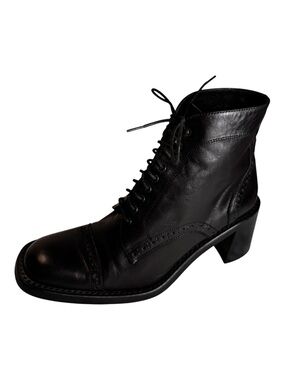 Jildor Made in Italy Leather Victorian Brogue Lace Up Chunky Heel Boots Black 7
